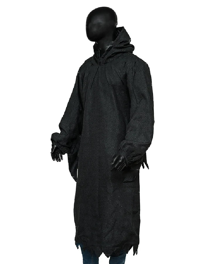 Person wearing a long black hooded coat on a white background