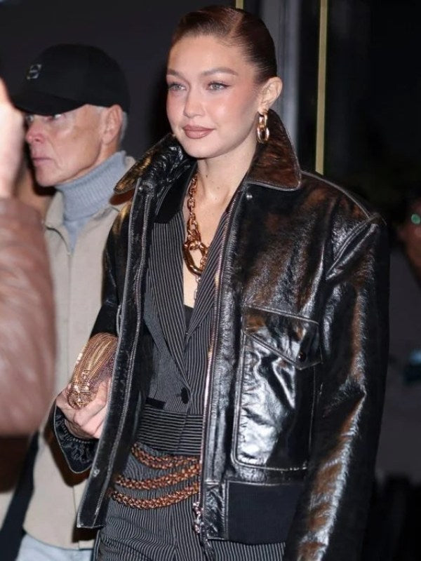 Gigi Hadid NYC 2025 Black Leather Jacket in USA
