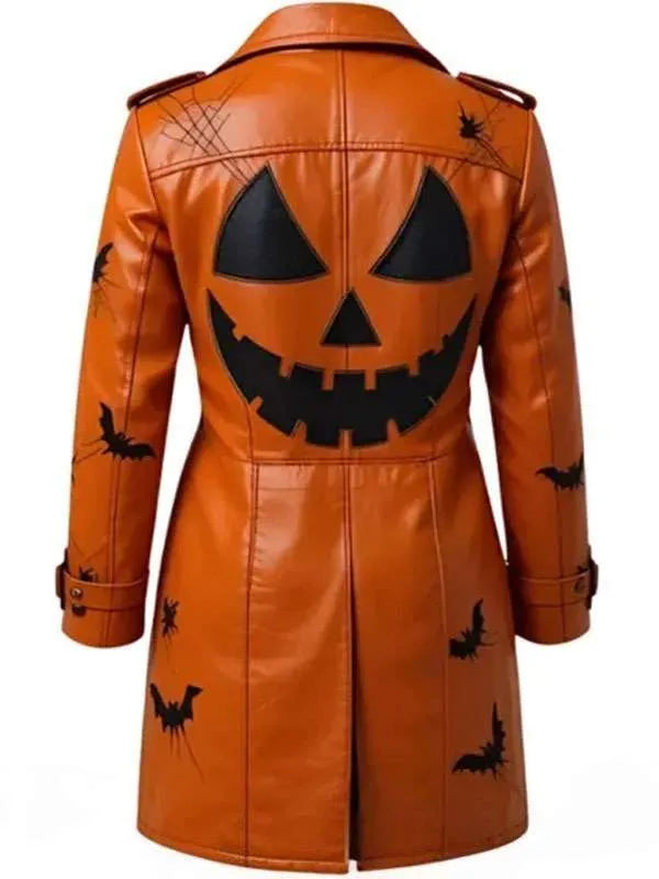 Orange leather coat with Halloween design featuring a jack-o'-lantern face and bats on a white background.