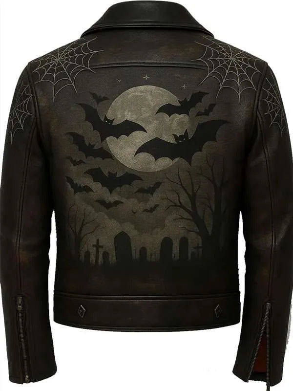 Black leather jacket with Halloween-themed design of bats, moon, and tombstones on the back.