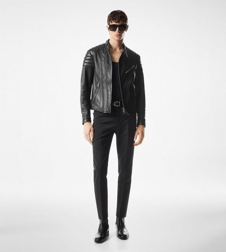 Stylish grain leather biker jacket with zipper detailing in American Market