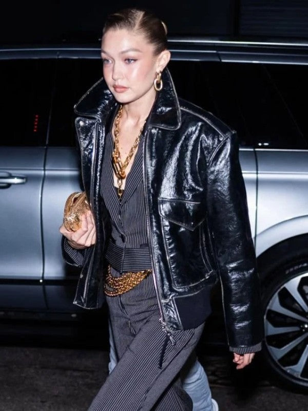 Gigi Hadid NYC 2025 Black Leather Jacket in United State Market