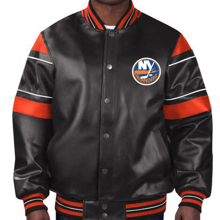 Elevate your game day look with this officially licensed New York Islanders leather jacket, a must-have for devoted fans in USA