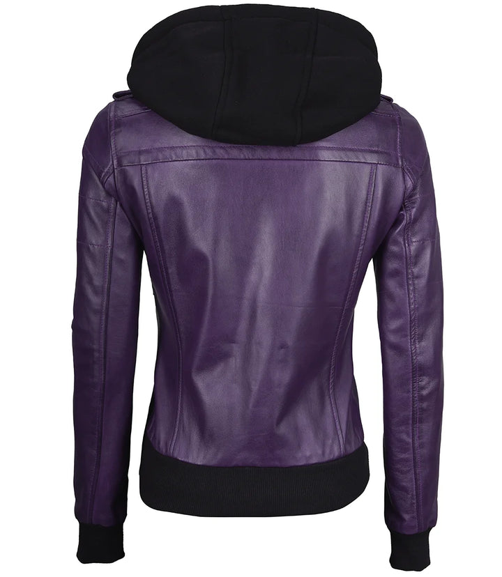 Stylish purple leather bomber jacket for women with removable hood in USA