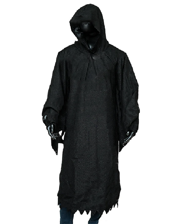 Black hooded robe with frayed edges on a white background