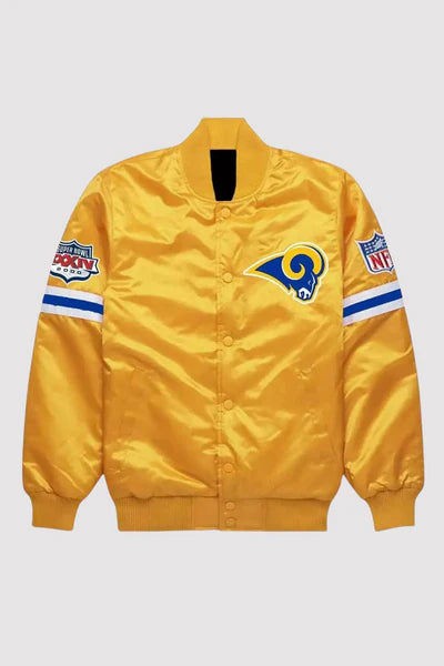 Stylish LA Rams satin varsity jacket with team logo in USA