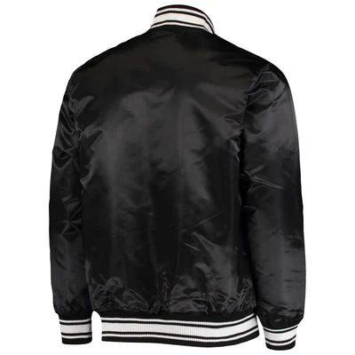 Unisex black satin jacket featuring Los Angeles Rams logo in USA