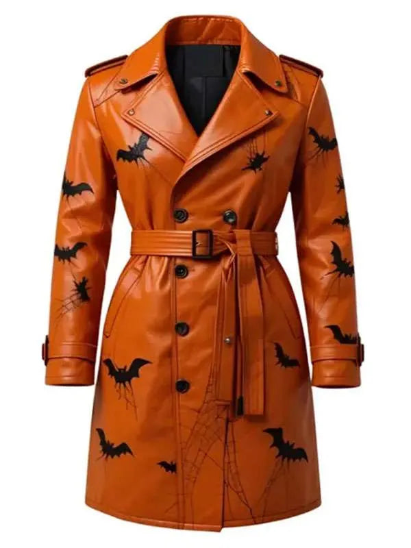 Orange trench coat with black bat patterns on a white background