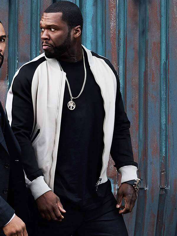 Stylish black and white jacket worn by 50 Cent in Power in American Style