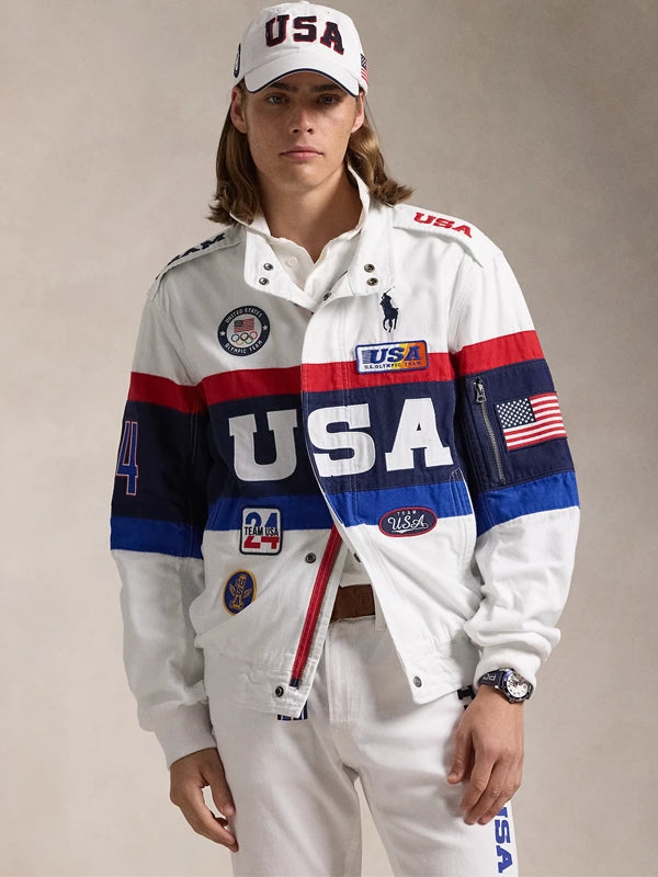 Red white and blue Team USA jacket for Olympic closing ceremony in American Style