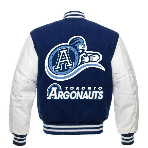 Front View Toronto Argonauts CFL Navy Blue And White Varsity Jacket by TP