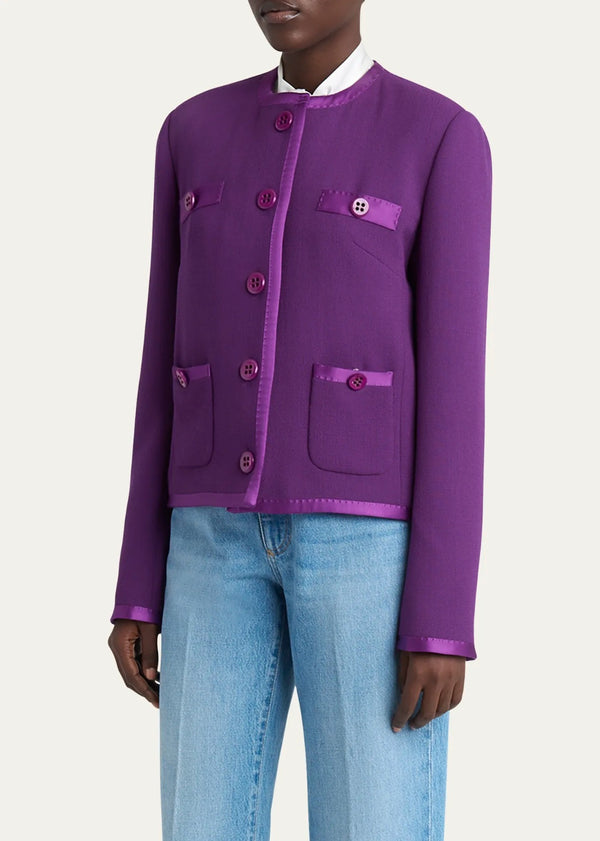 Buy Purple  Satin-Trim Wool Crepe Collarless Jacket