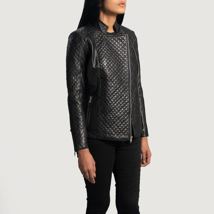 Black Leather Biker Jacket with Orient Grain Quilting by TJS in American style