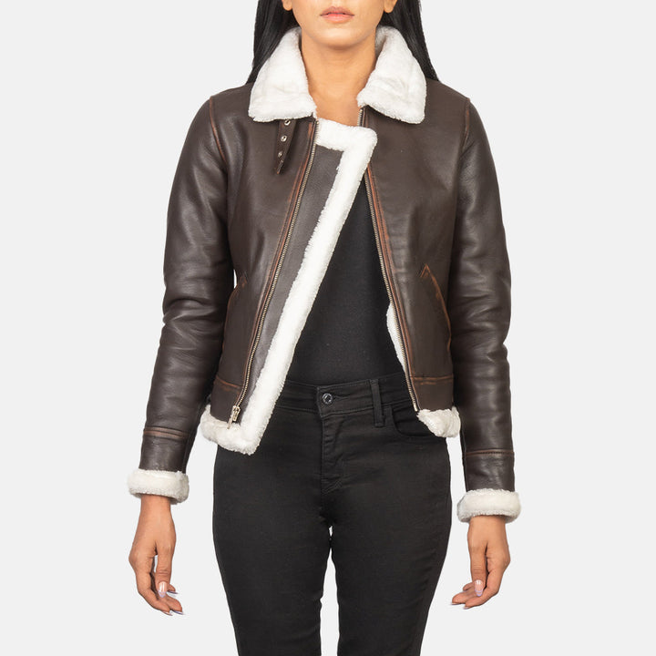 Brown leather aviator jacket for women in France style