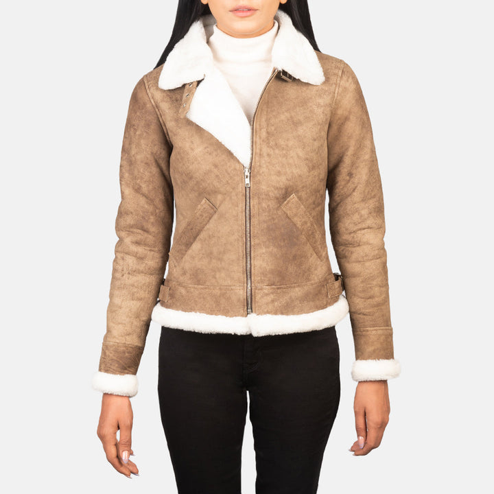Women's brown leather aviator jacket in USA