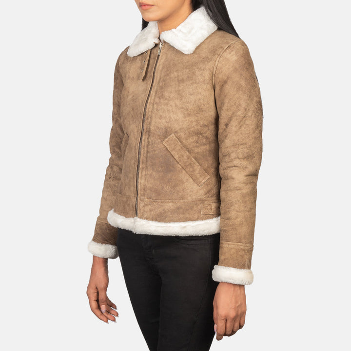 Classic brown leather flight jacket for women in UK market