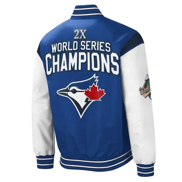 Blue and white jacket with sports team logo and text on a white background in USA