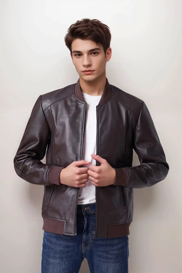 Buy Men Classy Brown Bomber Leather Jacket