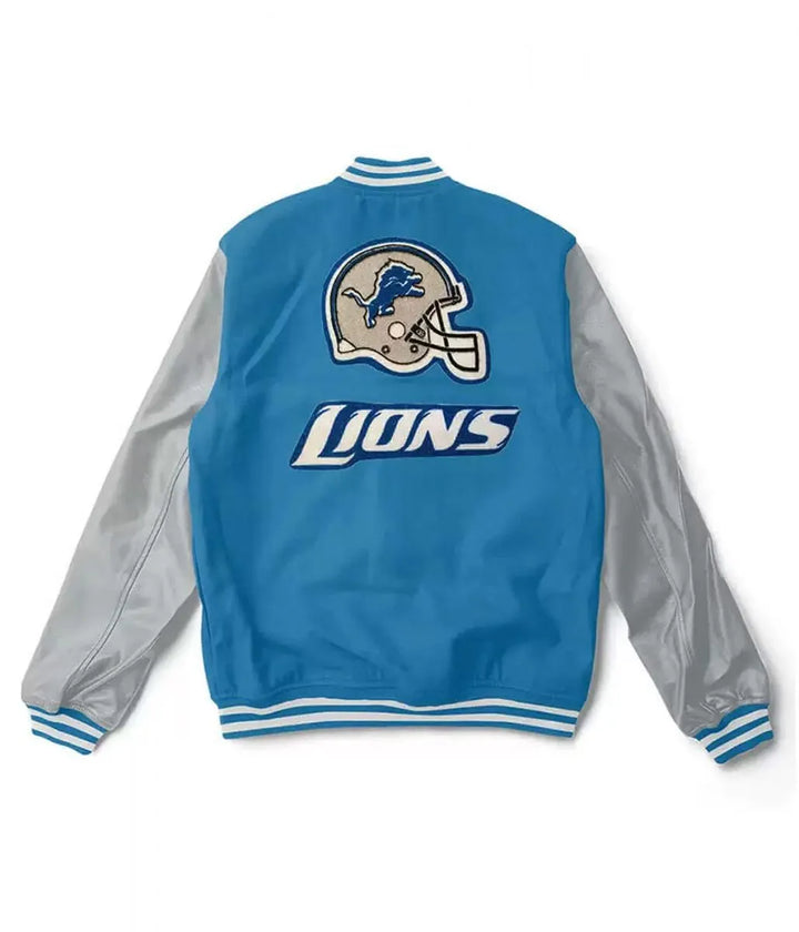 NFL wool varsity jacket in blue and grey for Detroit Lions fans in USA