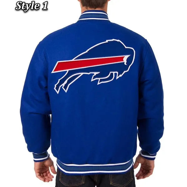 High-quality wool Buffalo Bills varsity jacket with striped rib-knit collar and cuffs in USA