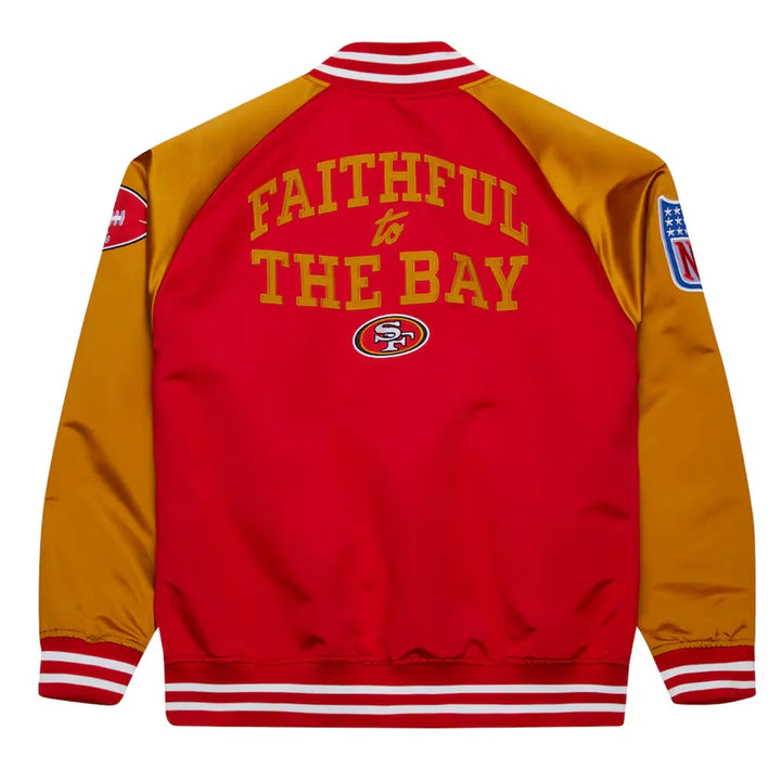 Stylish San Francisco 49ers satin jacket featuring embroidered team branding in USA