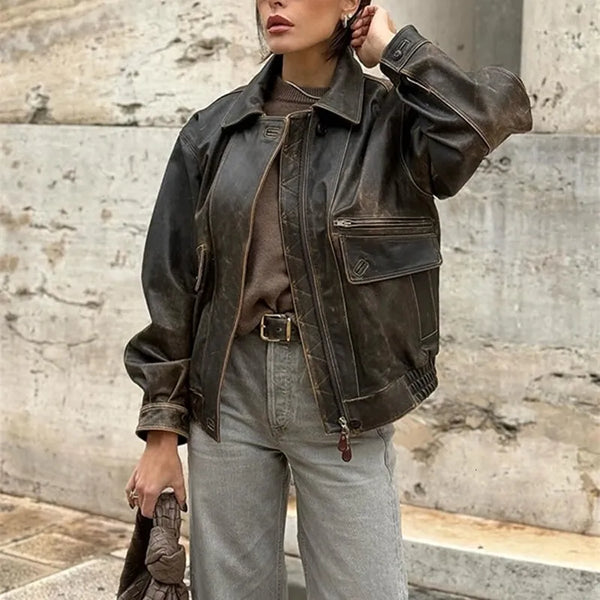 Classic cropped faux leather bomber jacket with vintage style in USA
