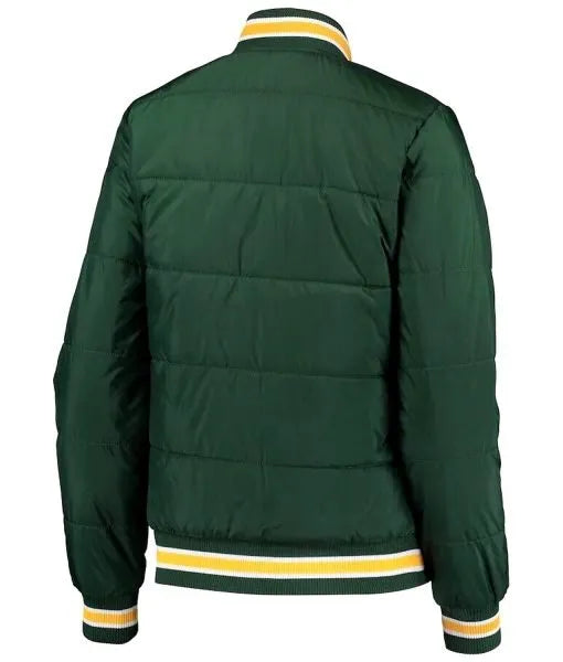 Rib-knitted collar and cuffs on green bomber jacket

