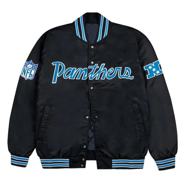 Buy Carolina Panthers Blue Rib Bomber Black Satin Jacket