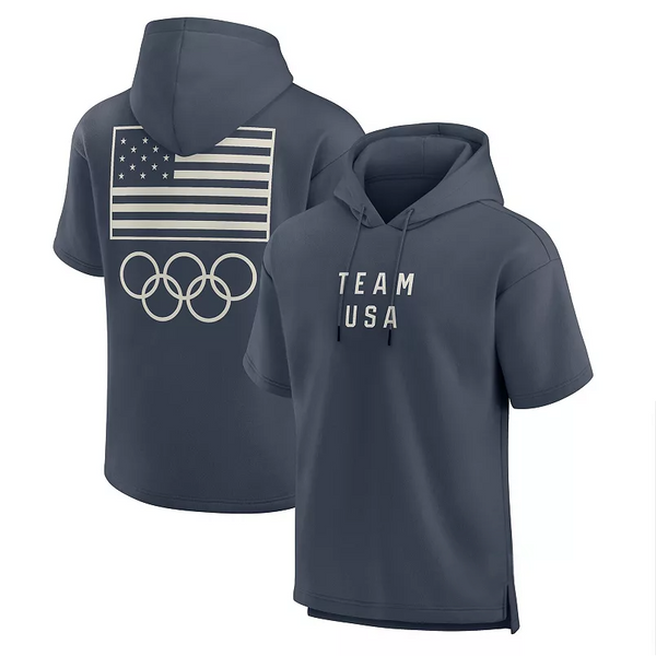 mens short sleeve pullover hoodie front view in USA