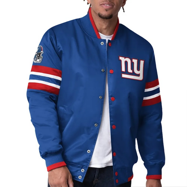 Blue varsity jacket with red and white accents featuring a logo on a white background
