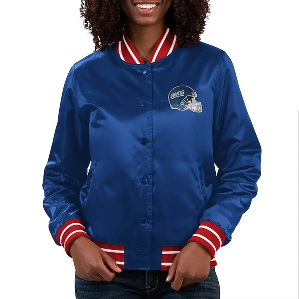 Person wearing a blue satin jacket with red and white accents on a white background