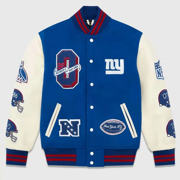 Blue and white varsity jacket with sports-themed designs on a light gray background