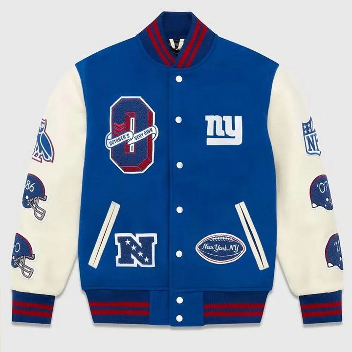 Blue and white varsity jacket with sports-themed designs on a light gray background