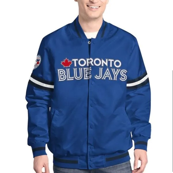 Blue Toronto Blue Jays jacket worn by a person on a white background