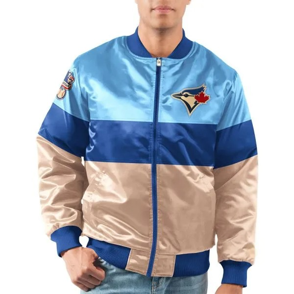 Blue and beige jacket with a logo on a white background in USA