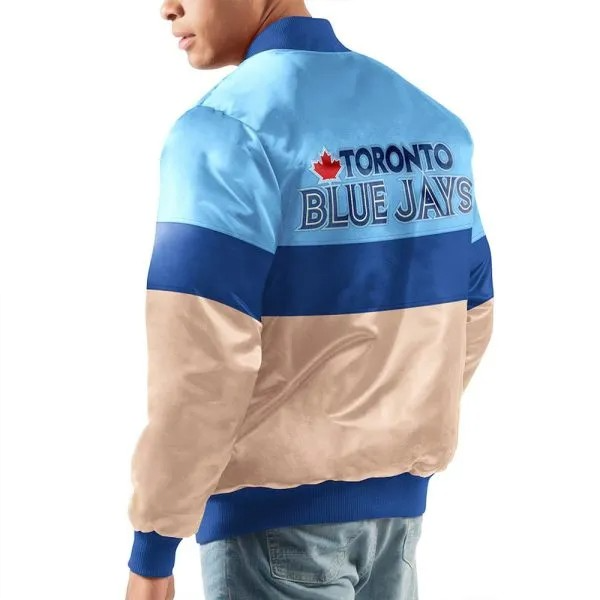 Blue and beige jacket with a logo on a white background in USA