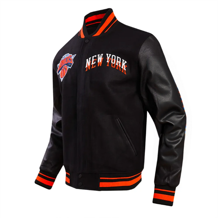 New York Knicks classic bomber jacket with striped ribbed trim in USA