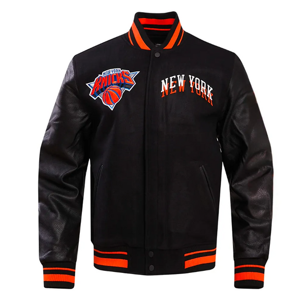 NY Knicks classic rib varsity jacket with chest layered design in USA