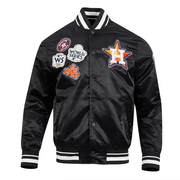 Black varsity jacket with sports team patches on a white background