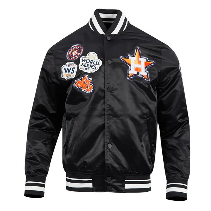 Black varsity jacket with sports team patches on a white background