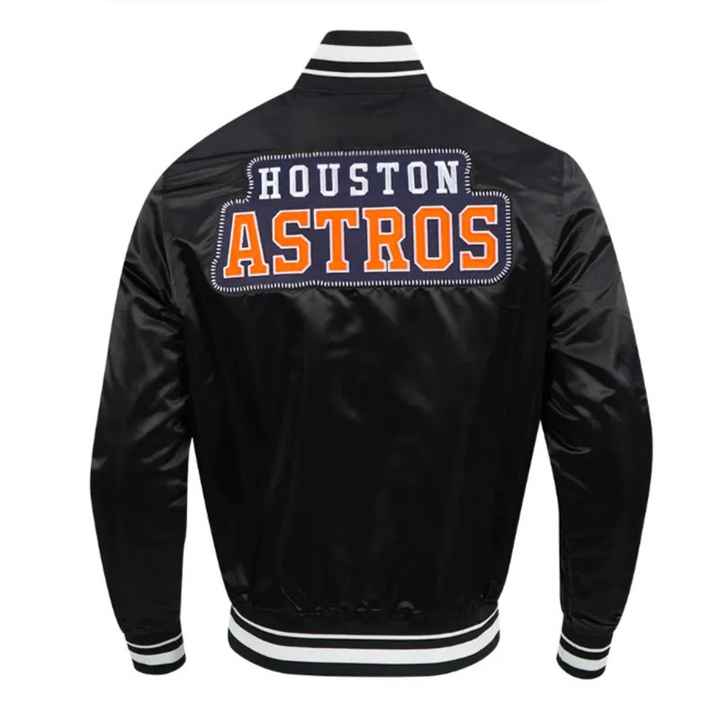 Black Houston Astros jacket with orange and white text on a white background