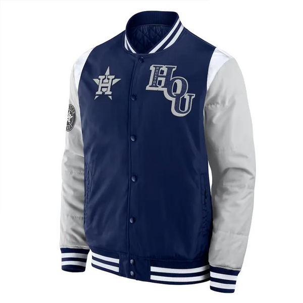 Navy and gray varsity jacket with logos on a white background