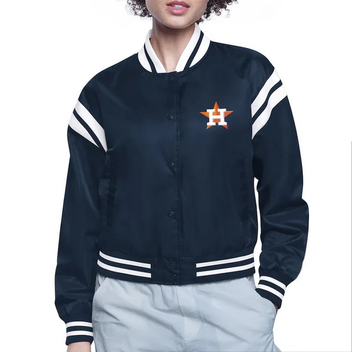 Navy blue jacket with white stripes and a logo on a white background
