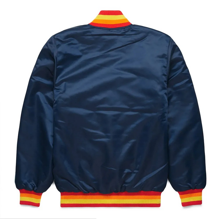 Navy blue jacket with colorful striped collar and cuffs on a white background