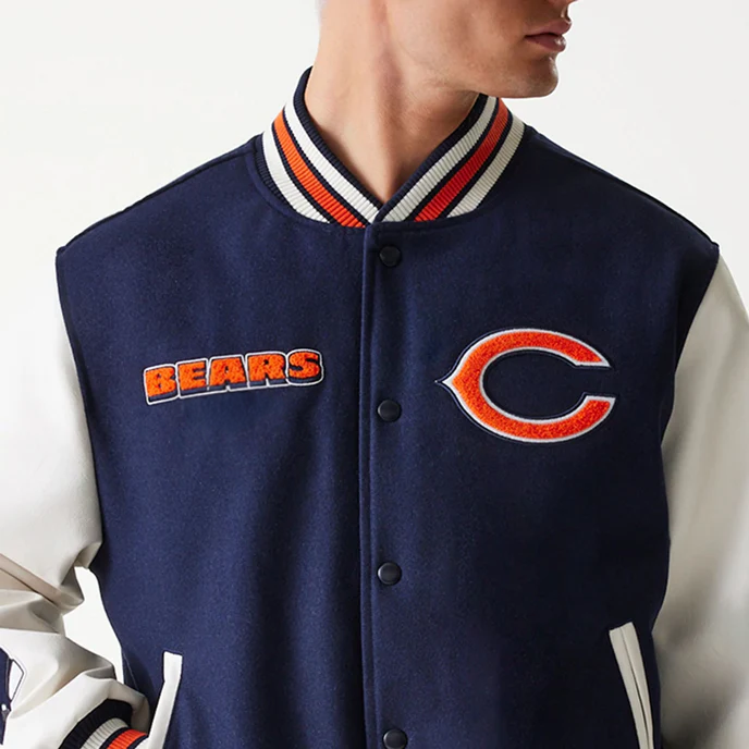 Classic navy varsity jacket featuring Chicago Bears branding in USA