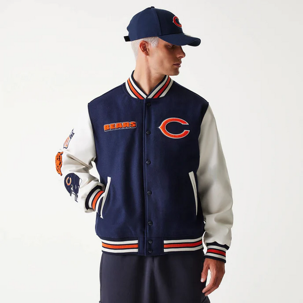 Chicago Bears navy varsity jacket with official team logo in USA