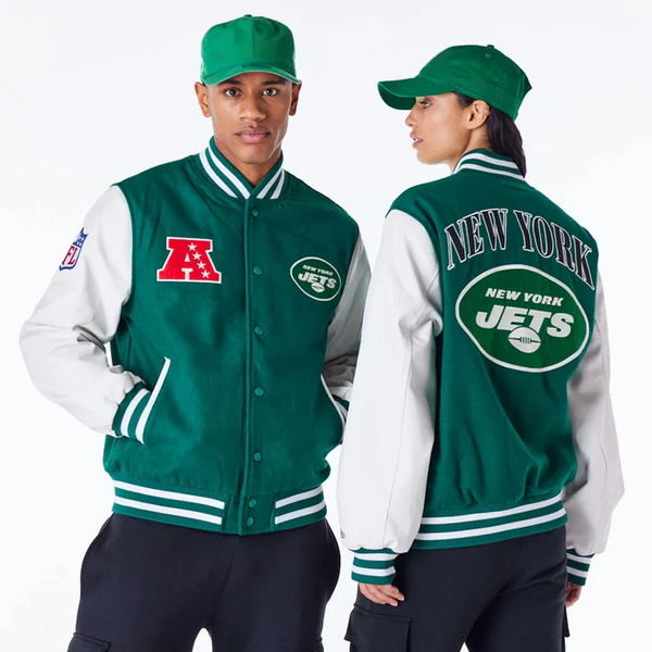 New York Jets green varsity jacket with official team logo in USA