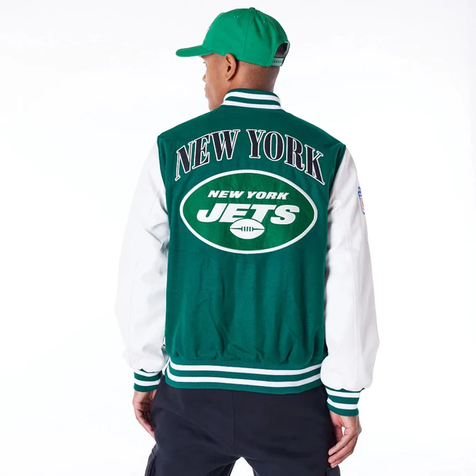 Stylish green letterman jacket featuring New York Jets branding in USA