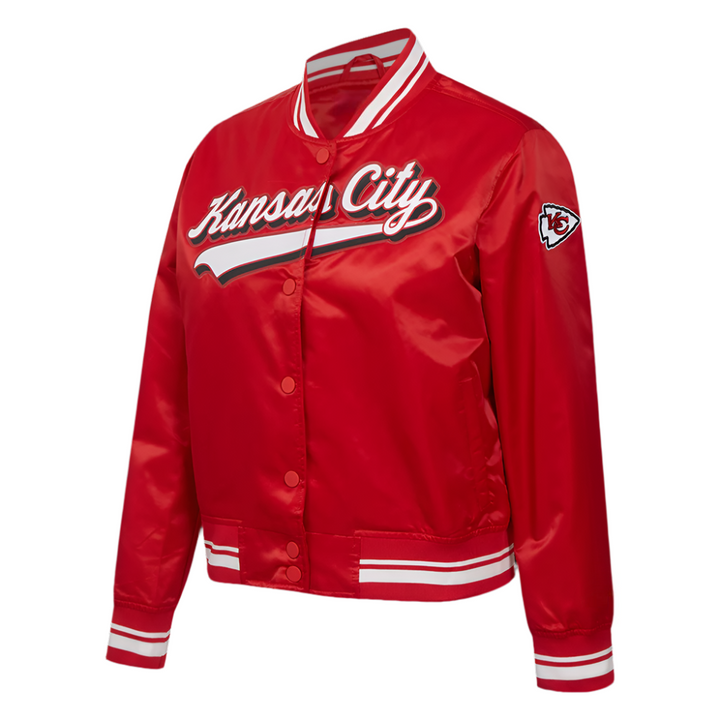 Red NFL satin jacket featuring Kansas City Chiefs script design in USA