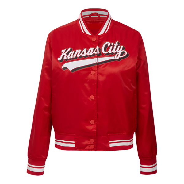 Kansas City Chiefs script tail satin jacket with bold lettering in USA